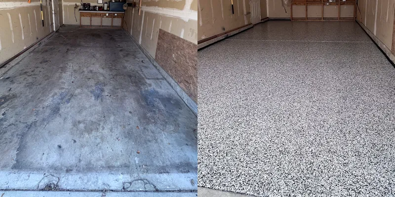 Flake floor installed in a garage, before and after