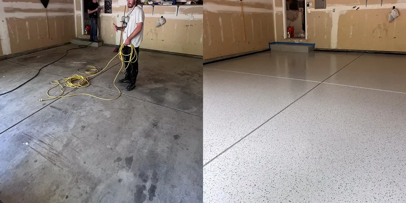 Before and after installation of Simulated Terrazzo flooring